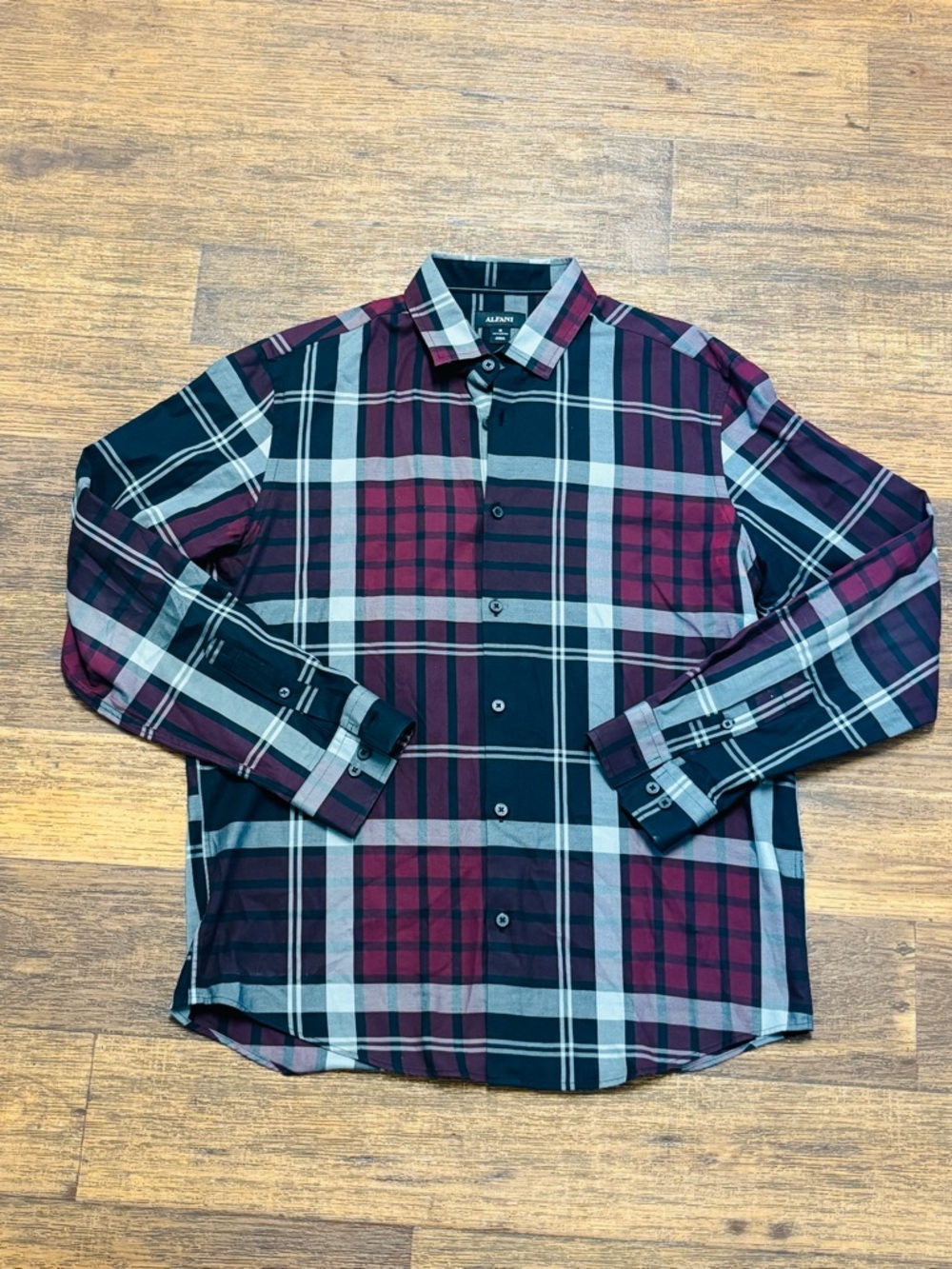 Alfani Men's Burgundy and Black Plaid Button-Down Shirt
